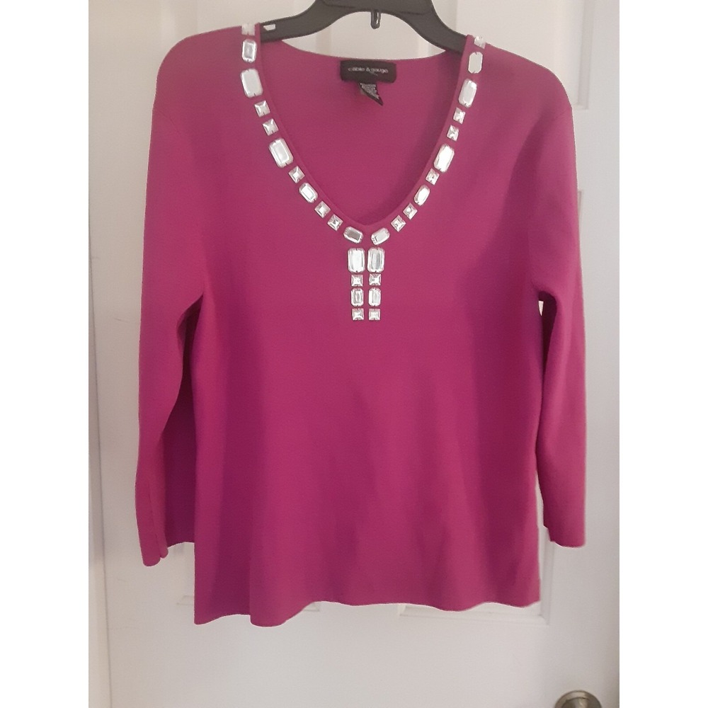 Cable & Guage Womens Plum Scoop Neck Jeweled 3/4  Sleeve Stretch Knit Top Sz XL